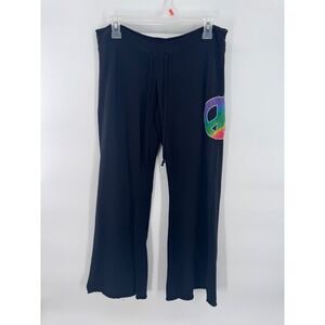Vintage Womens Lounge Sweat Pants Black Rainbow Peace Sign Wide Leg Y2K Sz S